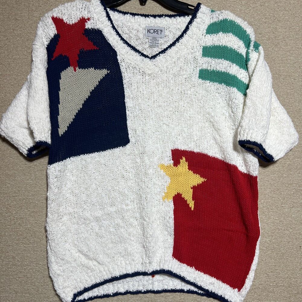 Koret Womens Cottagecore Stars Multi Color Sweater Large Short Sleeve NWT New